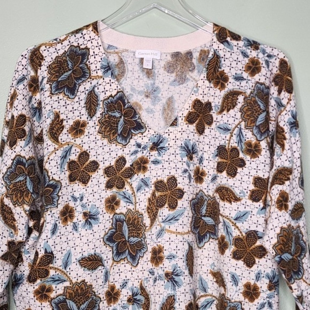 Garnet Hill Cashmere V-Neck Sweater Floral Boho Dolman Sleeve‎ Cottage Preppy S